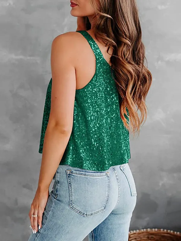 Sequined Sleeveless Blouse - Sparkle Cami Flowy Top