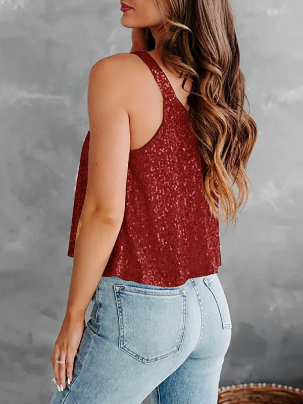 Sequined Sleeveless Blouse - Sparkle Cami Flowy Top