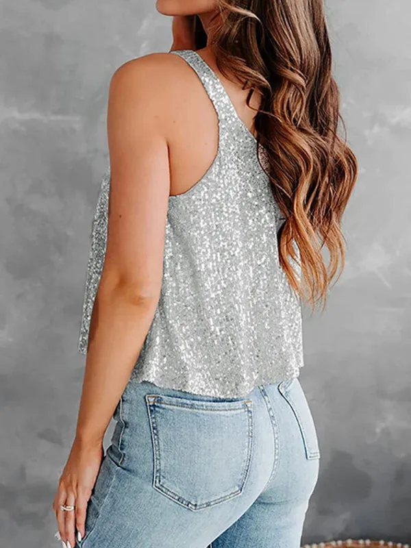 Sequined Sleeveless Blouse - Sparkle Cami Flowy Top