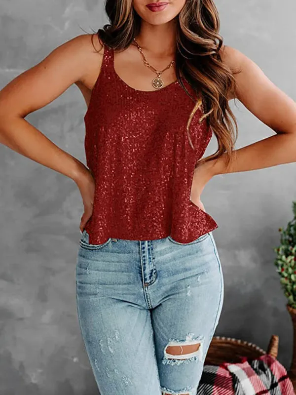 Sequined Sleeveless Blouse - Sparkle Cami Flowy Top