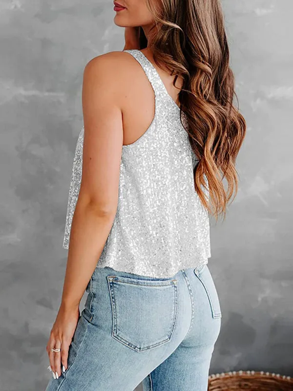 Sequined Sleeveless Blouse - Sparkle Cami Flowy Top