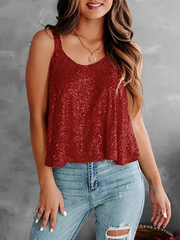 Sequined Sleeveless Blouse - Sparkle Cami Flowy Top