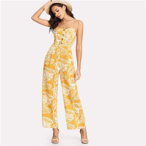 SHEIN Summer Vacation 2018 Spaghetti Strap Boho High Waist Tropical Palm Leaf Print Shirred Wide Leg Cami Palazzo Women Jumpsuit