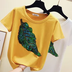 shintimes Sequined Women T Shirt Tops Summer Short Sleeve 2019