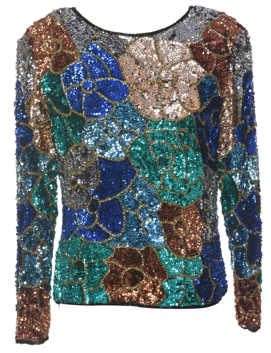 Silk Sequined Floral Evening Top - L