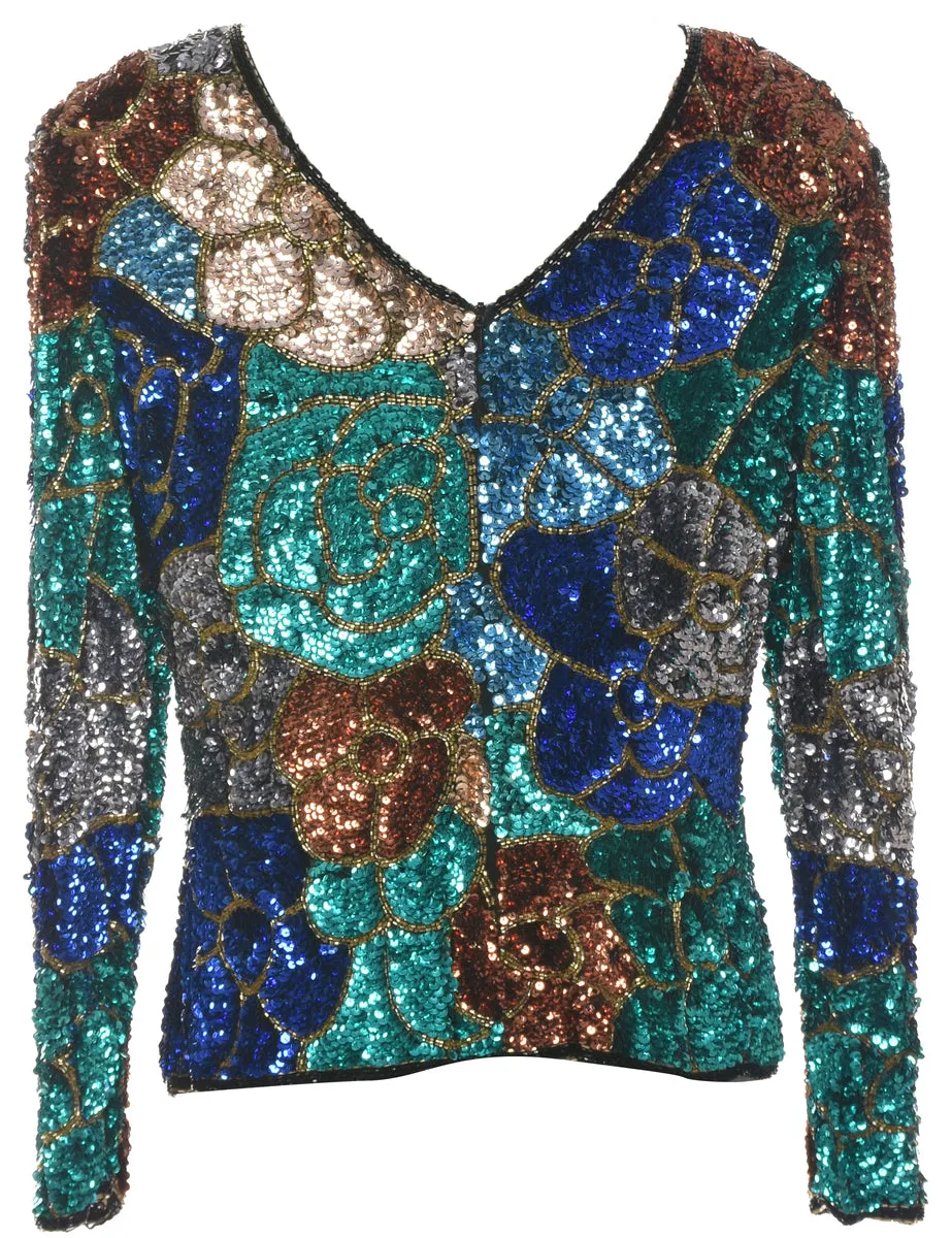 Silk Sequined Floral Evening Top - L