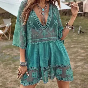 Swimsuits Beach Cover Up V-Neck Tunic Dress Crochet Women Beachwear