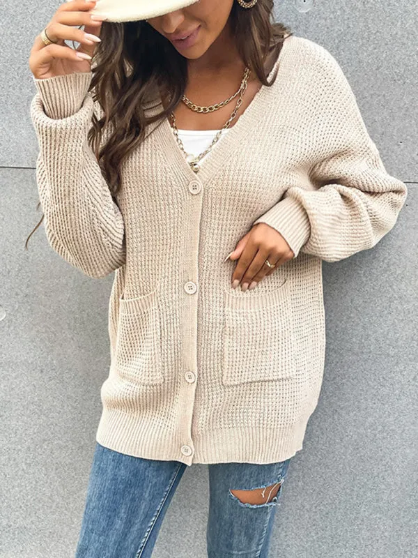 Waffle Knitting Button-Up Mid-Length Sweater - Essential Relax Fit Cardigan