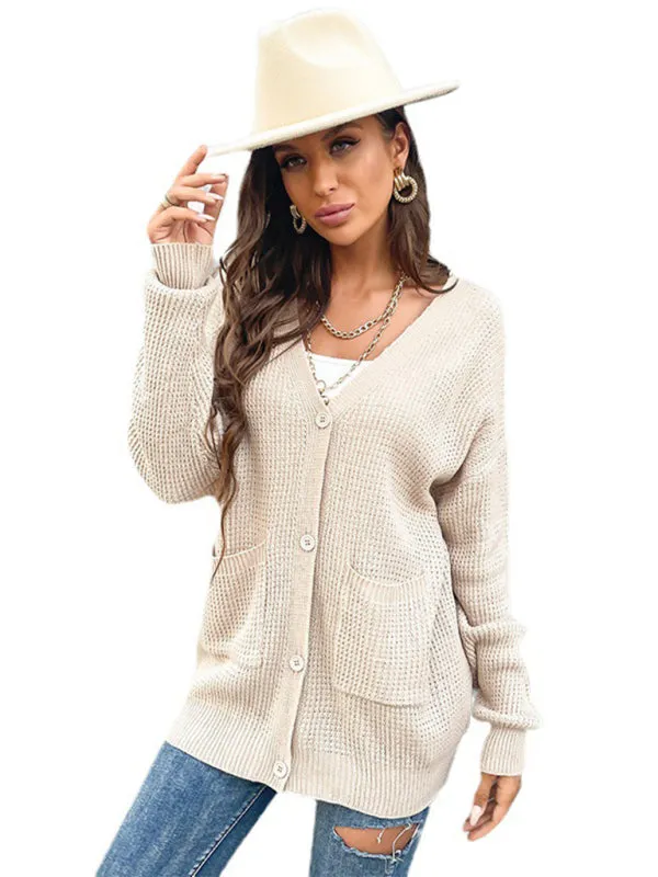 Waffle Knitting Button-Up Mid-Length Sweater - Essential Relax Fit Cardigan