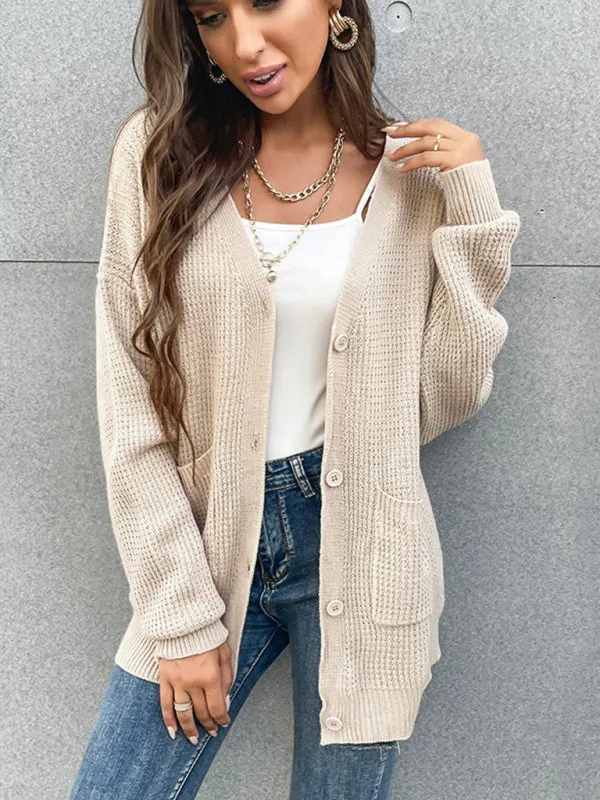 Waffle Knitting Button-Up Mid-Length Sweater - Essential Relax Fit Cardigan