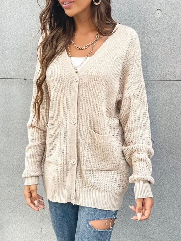 Waffle Knitting Button-Up Mid-Length Sweater - Essential Relax Fit Cardigan