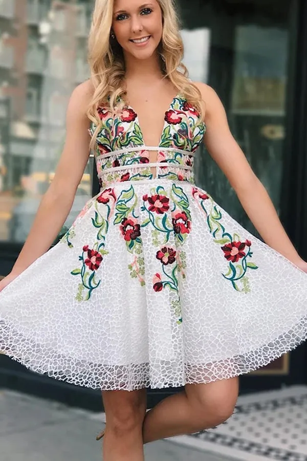 White Lace A-line V-neck Floral Print Homecoming Dresses Party Dresses, SH524