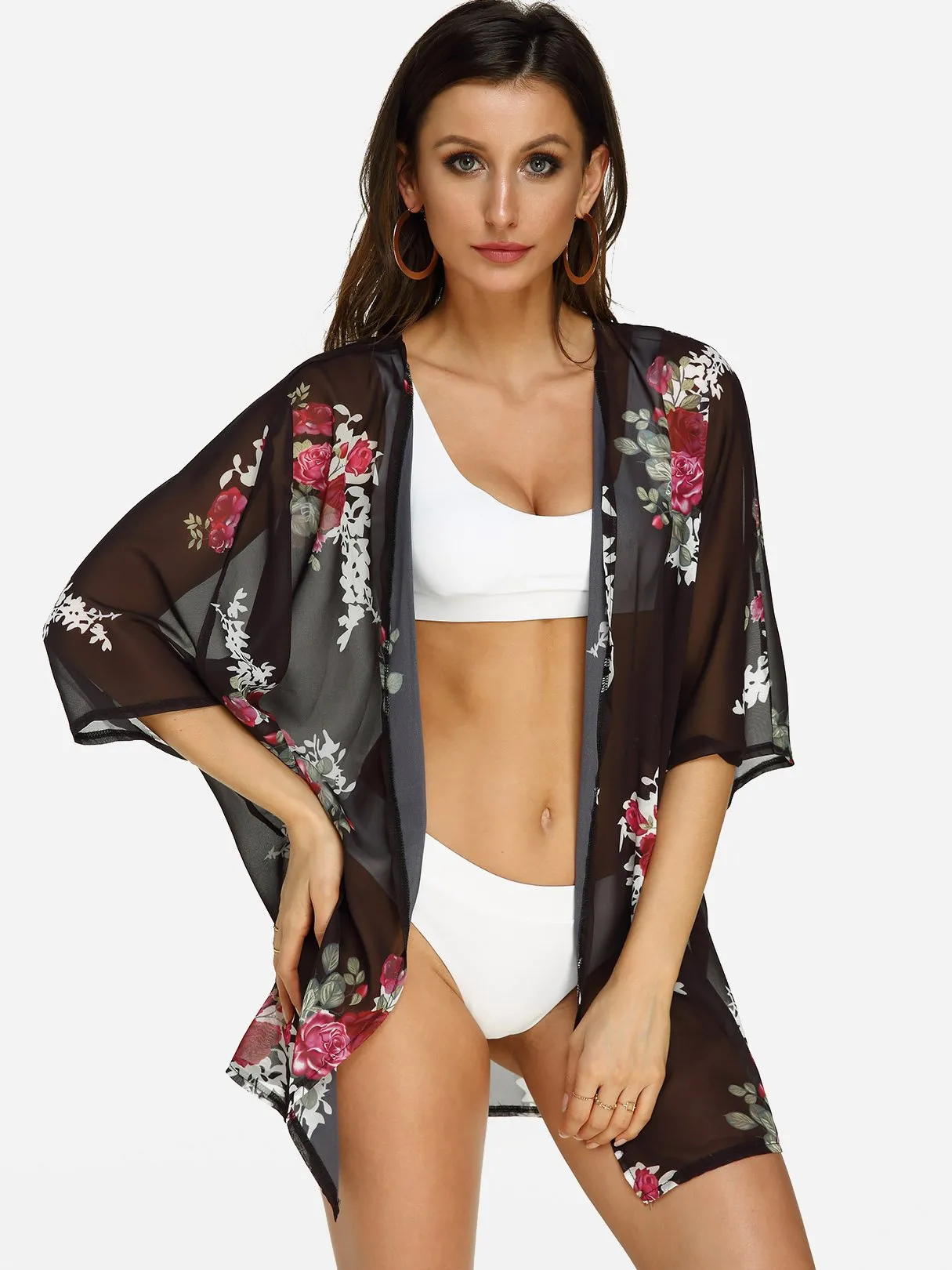 Wholesale 3/4 Sleeve Floral Print Beach Kimono