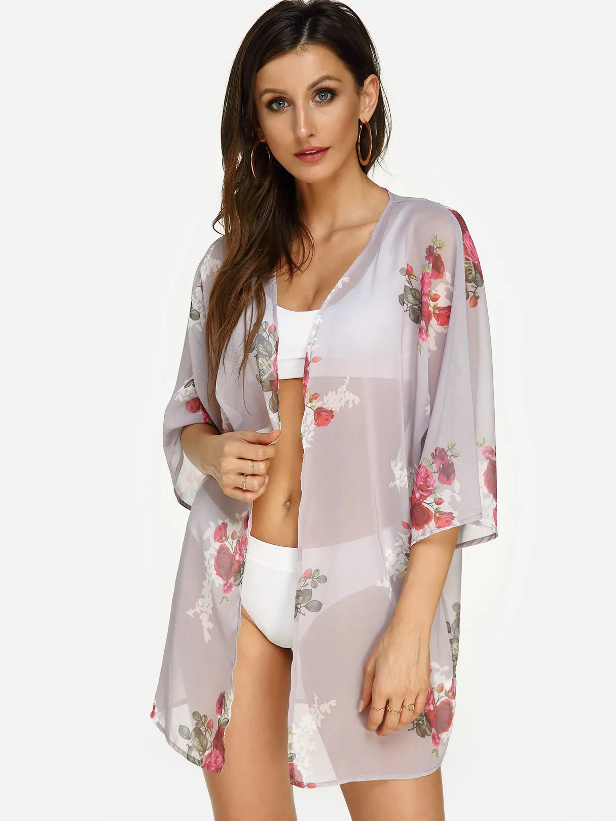 Wholesale 3/4 Sleeve Floral Print Beach Kimono