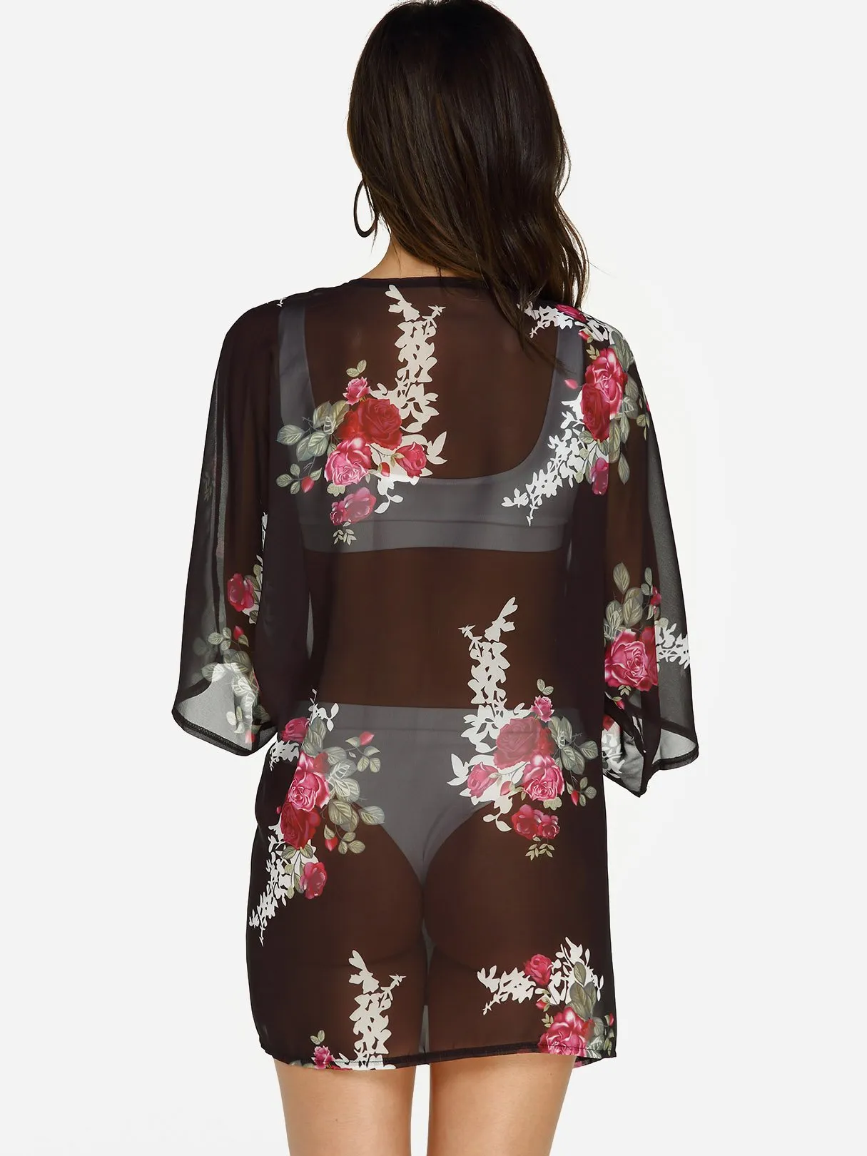 Wholesale 3/4 Sleeve Floral Print Beach Kimono