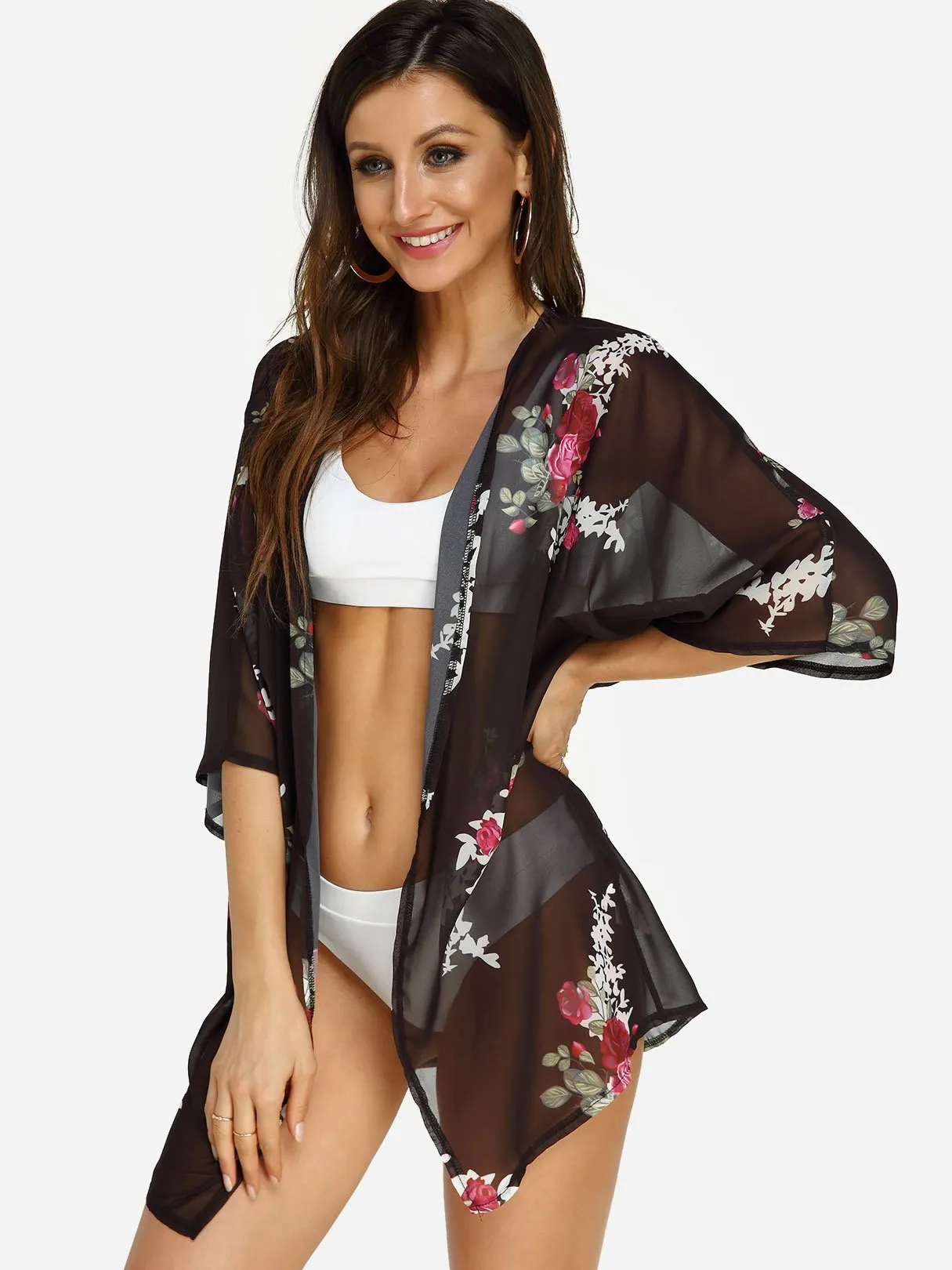 Wholesale 3/4 Sleeve Floral Print Beach Kimono