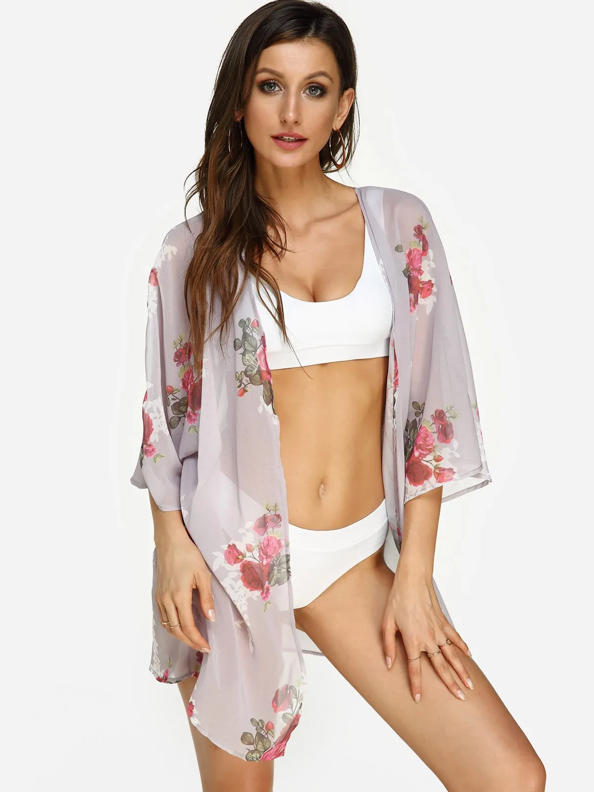 Wholesale 3/4 Sleeve Floral Print Beach Kimono