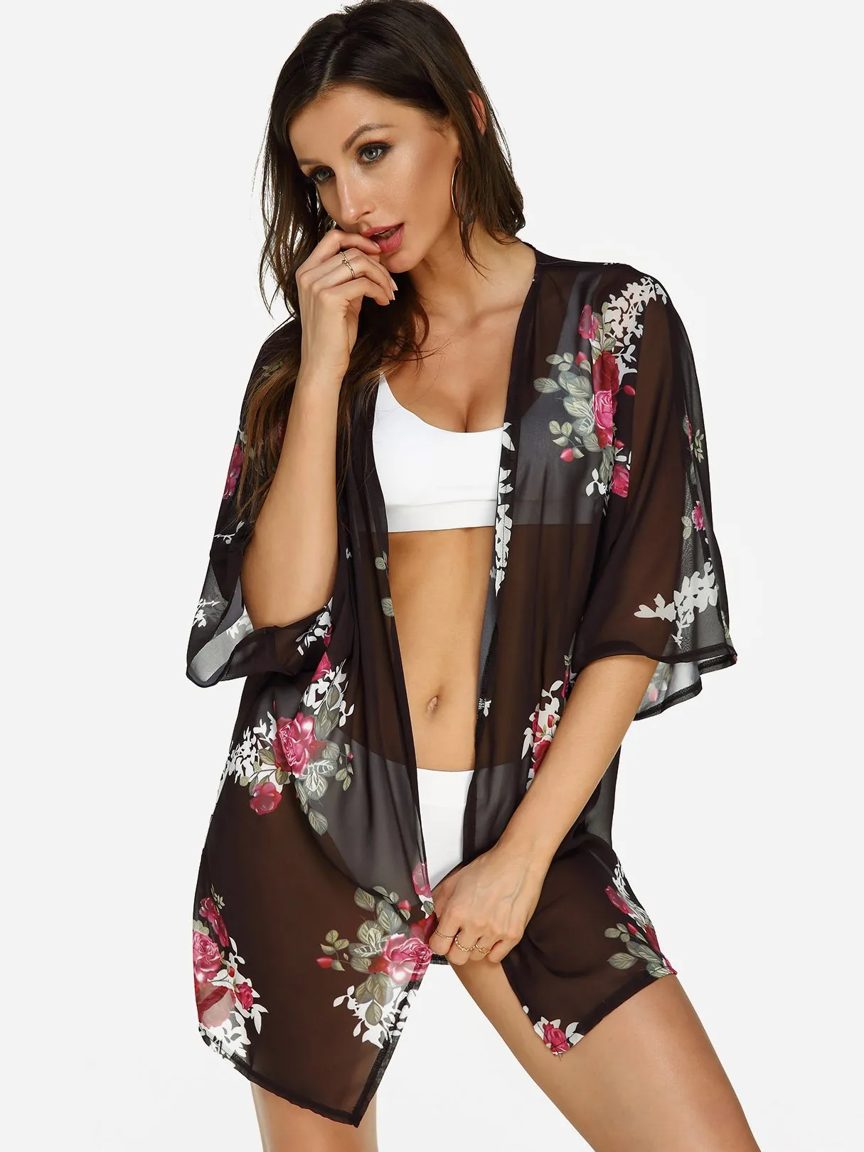 Wholesale 3/4 Sleeve Floral Print Beach Kimono