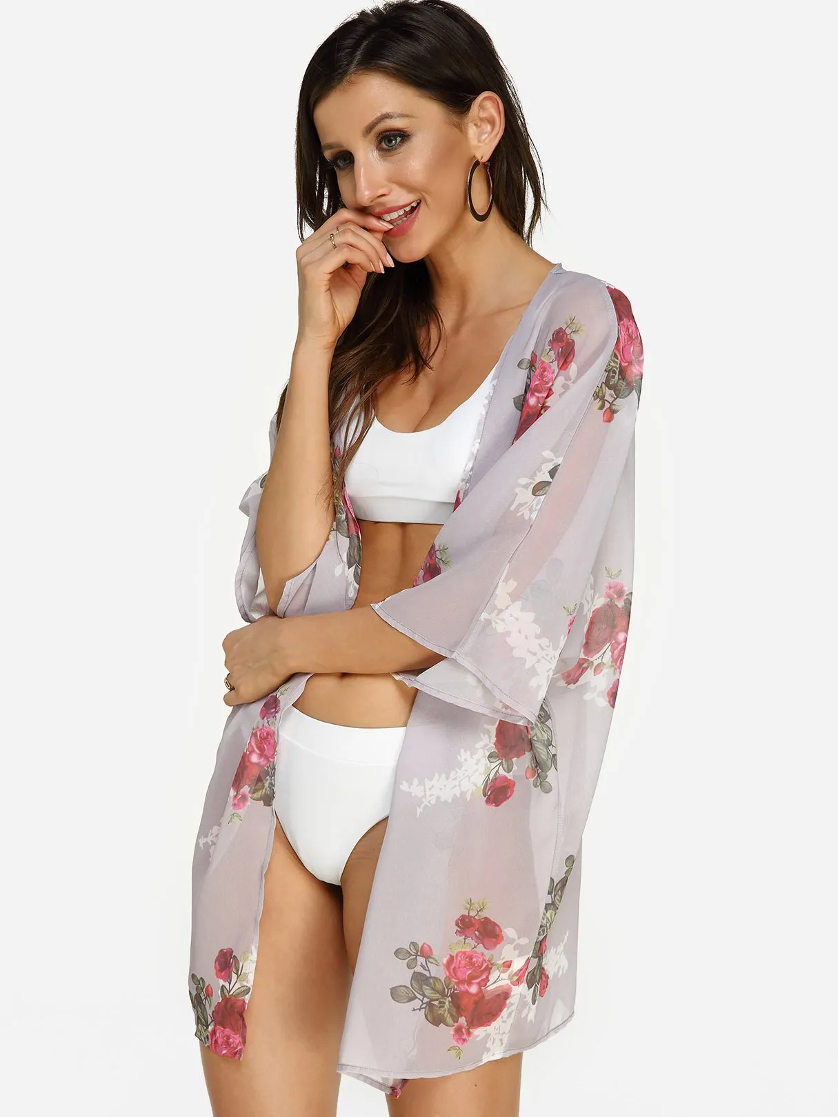 Wholesale 3/4 Sleeve Floral Print Beach Kimono