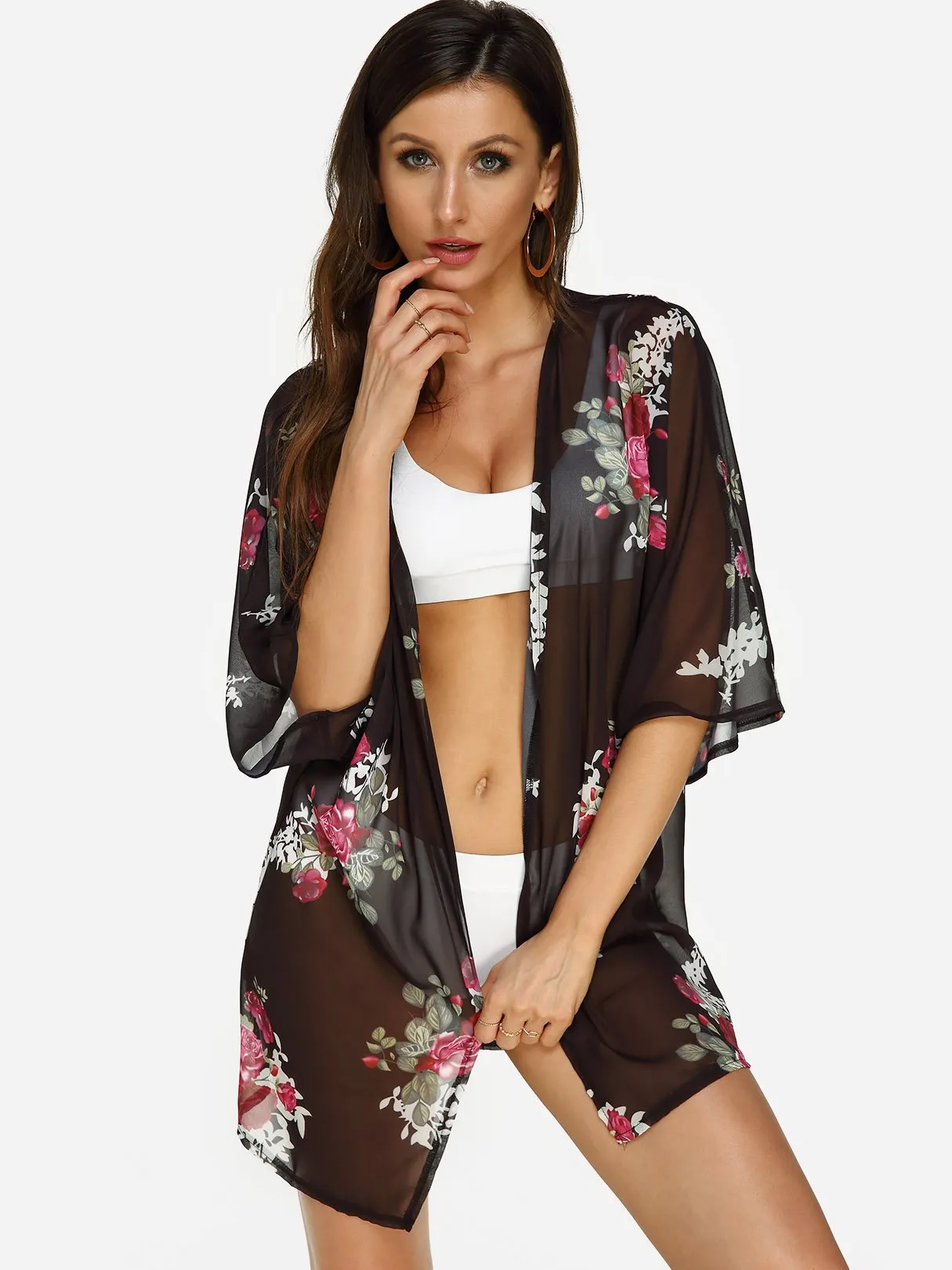 Wholesale 3/4 Sleeve Floral Print Beach Kimono