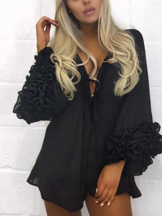 Wholesale Deep V-Neck Long Sleeve Lace-Up Beachwear