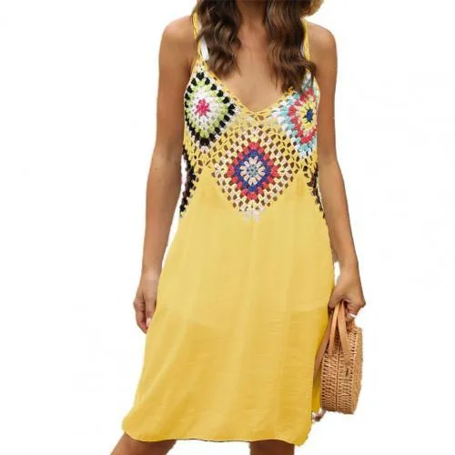 Women Dress Crochet Spaghetti Strap Summer Patchwork V Neck Beach Cover-ups Summer Chic Elegant Casual Dresses Clothes