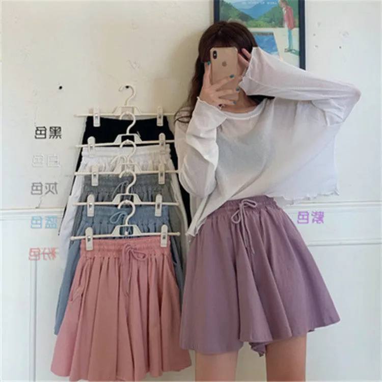 Women High Waist Slim-Look Elastic Wide Leg Casual Shorts Pants Culottes