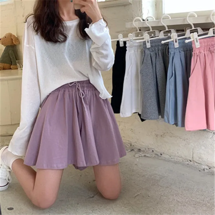 Women High Waist Slim-Look Elastic Wide Leg Casual Shorts Pants Culottes