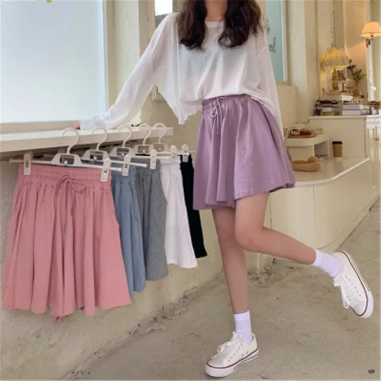 Women High Waist Slim-Look Elastic Wide Leg Casual Shorts Pants Culottes