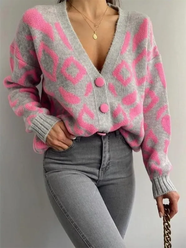 Women’s Cozy Button-Up Cardigan with Pink Abstract Knitting