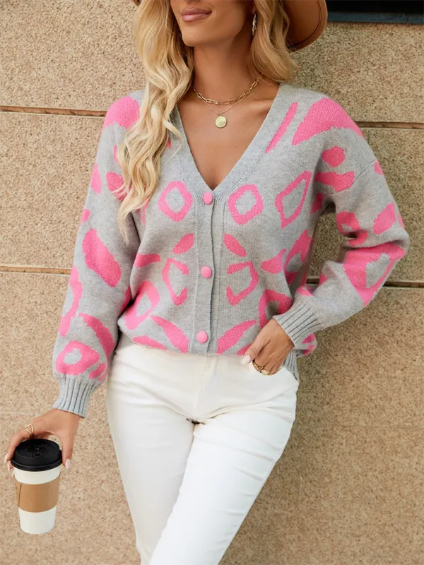 Women’s Cozy Button-Up Cardigan with Pink Abstract Knitting