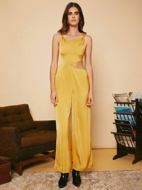 Yellow Knot Shoulder Sleeveless Cut Out Waist Wide Leg Satin Jumpsuit