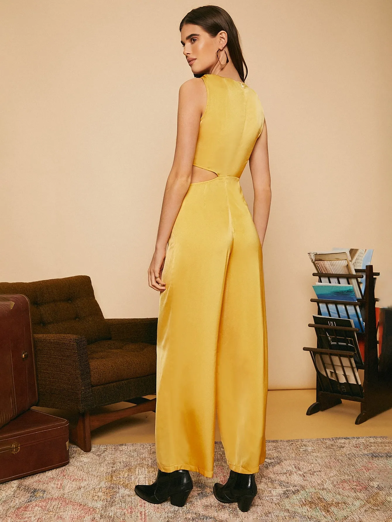 Yellow Knot Shoulder Sleeveless Cut Out Waist Wide Leg Satin Jumpsuit