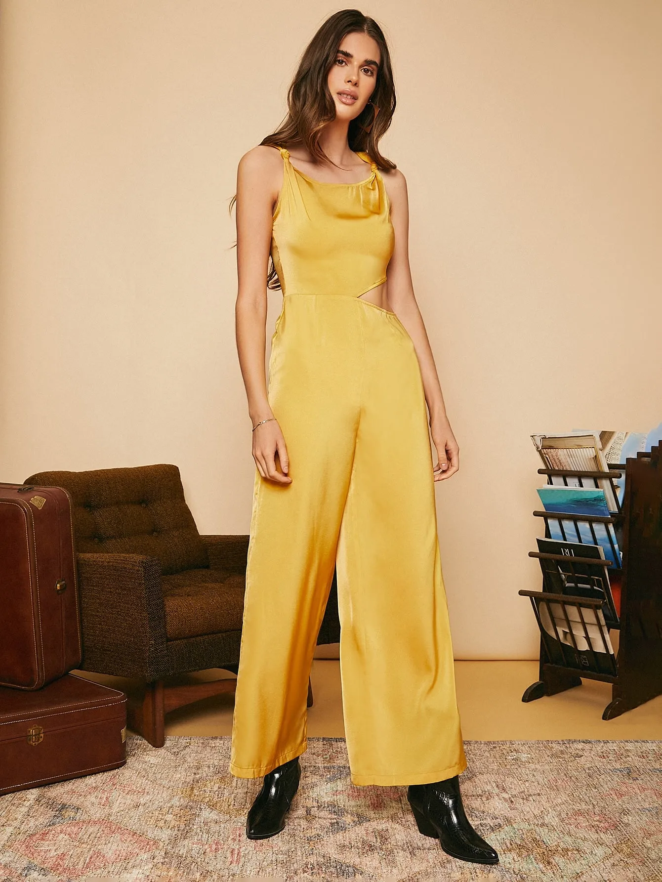 Yellow Knot Shoulder Sleeveless Cut Out Waist Wide Leg Satin Jumpsuit