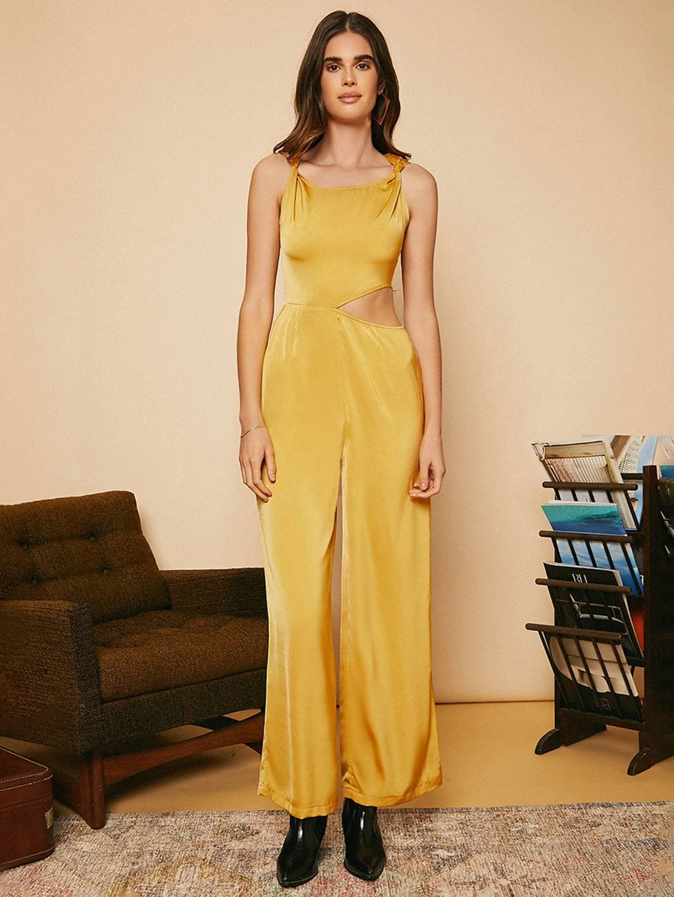 Yellow Knot Shoulder Sleeveless Cut Out Waist Wide Leg Satin Jumpsuit